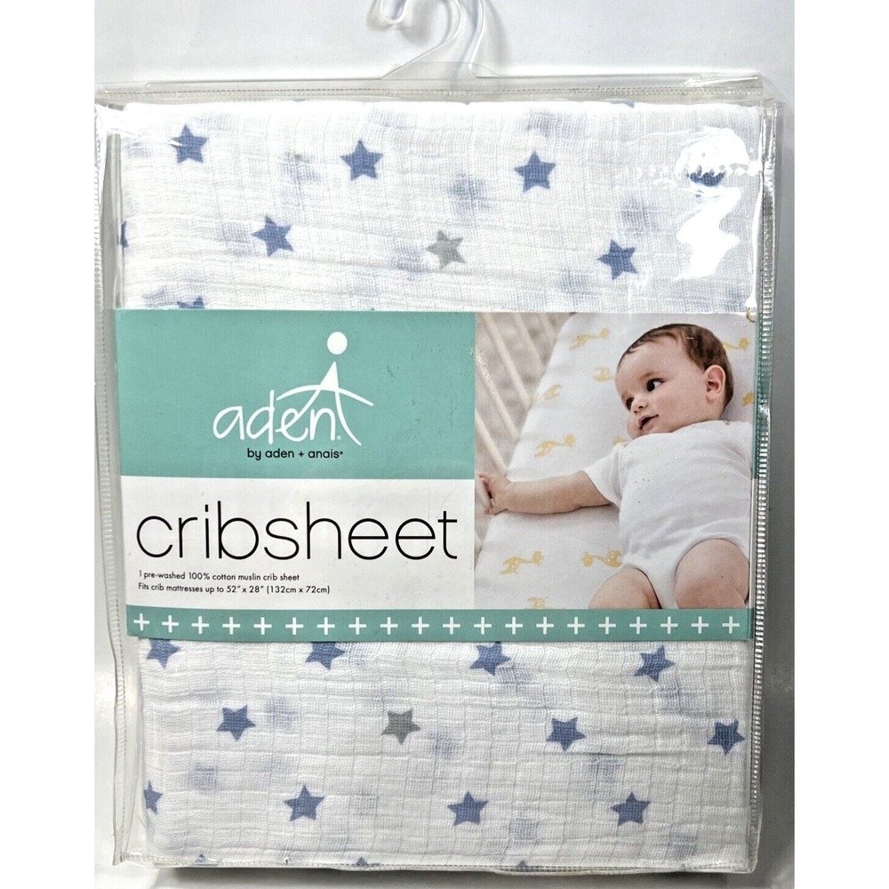 Aden + Anais Fitted Crib Sheet Cotton Muslin Dashing Blue & Gray Stars New